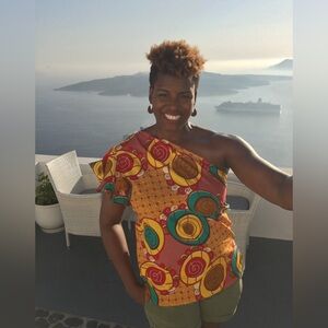 Vibrant One-Shoulder Wax Print Top — Red, Yellow & Teal Bubble print